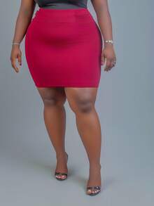 CurvyTilda Plus Size Women Solid Color Ruched Elegant Bodycon Skirt, For Hourglass Body Shape - Burgundy - View 4