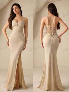Coutiva Women's Elegant Backless Satin Evening Gown, Spaghetti Strap Pleated Side Slit Formal Party Dress,Luxury Bodycon Wedding Guest Graduation Dress - Light Yellow - View 2