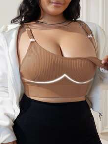 Moonlight&Mama 1pc Seamless Minimalist Ribbed Nursing Bra, Comfortable For Plus Size Brown Summer - Mocha Brown - View 3
