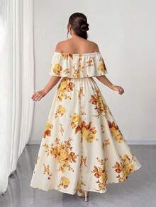 Elenzga Plus Size Women's White Summer Boho Flowy Tea Party Holiday Floral Print Dress,Off-Shoulder Ruffle Waist Pleated Maxi Dress For Dates - Multicolor - View 2