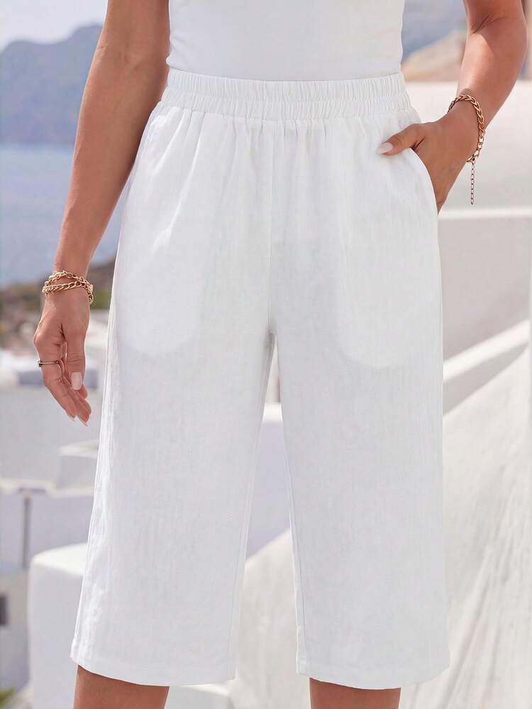 Women's Solid Color Elastic Waist Pocket Casual Versatile Daily Wear Shorts