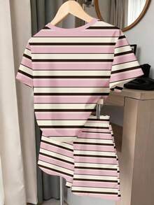 2pcs/Set Girls Casual Striped Short Sleeve T-Shirt And Shorts Set,Pastel Pink Summer Cute Family Matching,Round Neck Tee,Comfortable Daily Wear - White - View 3