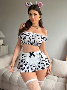Fantasy Costume Fantasy Costume Bộ 5 món gồm váy ngắn chữ A trễ vai phối ren tương phản, chất liệu giả da sữa gợi cảm, kèm nơ, thích hợp cho cosplay. - Đen và trắng - Xem 5