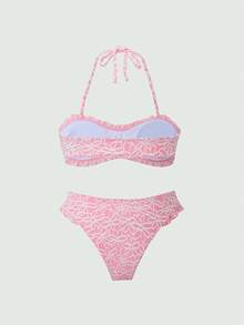ROMWE Kawaii Women's Summer Beach Vacation Floral Print Backless Tie-Front Bikini Set - Pink - View 2