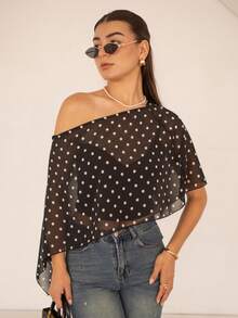Andrea Bello Black Polka Dot Asymmetric Shoulder Mesh Blouse For Women, Spring/Summer Polkadot Top Women Summer Blouse Top Short Sleeve Top Top Summer Vacation - Black - View 4