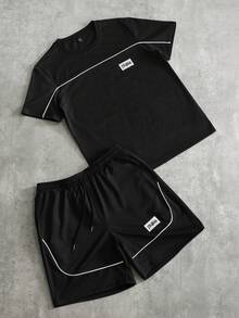 PAVTROS Men's Casual Contrast Trim T-Shirt And Shorts Set, Summer - Black - View 3