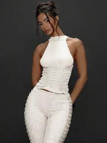 MUSERA Women's Solid Color Pleated Collar Backless Sexy Sleeveless Top - White - View 5