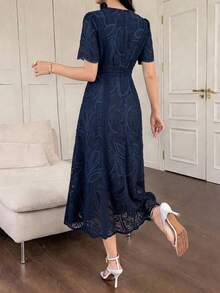 DAZY Vestido de verano de media longitud con cuello redondo, mangas de pétalo y encaje floral elegante para mujer - Azul Marino - Ver 3