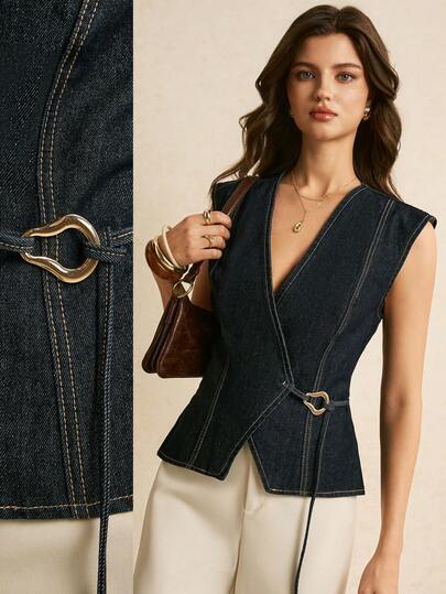 Poéselle 2026 New Arrival, Elegant Versatile Casual Women's Casual Overlapping V-Neck And Metal Side Tied Up Sleeveless Top, Summer Top, Denim Vest For Ladies, Summer Outfits, Comfortable Cotton Denim Fabric, Suitable For Daily Commute, Formal Occasion, Special Events, Festival, Graduation Ceremony, Office Wear, Going Out Wear, Travel, Resort, Holiday Dress, Party, Versatile-A