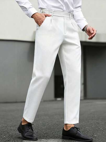 Manfinity Bizformal Men's Tapered Pants, Waist Buckle Design, Business Casual Trousers, Slim Fit Retro Stylish Slacks