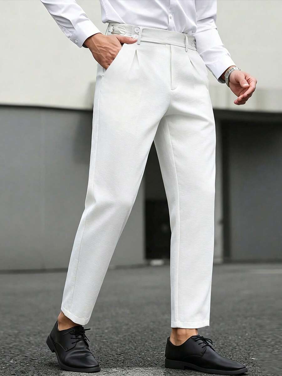 Manfinity Bizformal Pantalones entallados para hombres, diseño de hebilla en la cintura, pantalones casuales de negocios, pantalones ajustados de estilo retro - Caqui - Ver 1