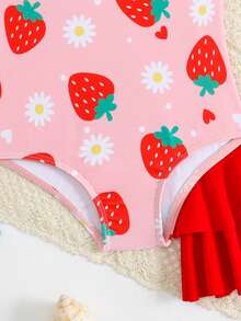 SHEIN Baby Girls' Strawberry & Daisy Print Swimsuit With Ruffled Skirt, Soft & Stretchy Fabric, Suitable For Swimming, Beach, Pool, Summer Vacation - Red - View 5