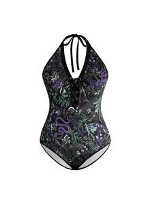 ROMWE Black Snake Print Knit Turtleneck Bodysuit With Cinched Waist Date Night Going Out Party Summer Sexy Goth Halloween - Multicolor - View 2