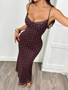 SHEIN PETITE Đầm chấm bi đen không tay cho nữ, đầm chấm bi nâu, đầm maxi chấm bi, đầm dự tiệc cưới, đầm màu nâu cà phê, đầm thanh lịch cho nữ. - màu nâu - Xem 6