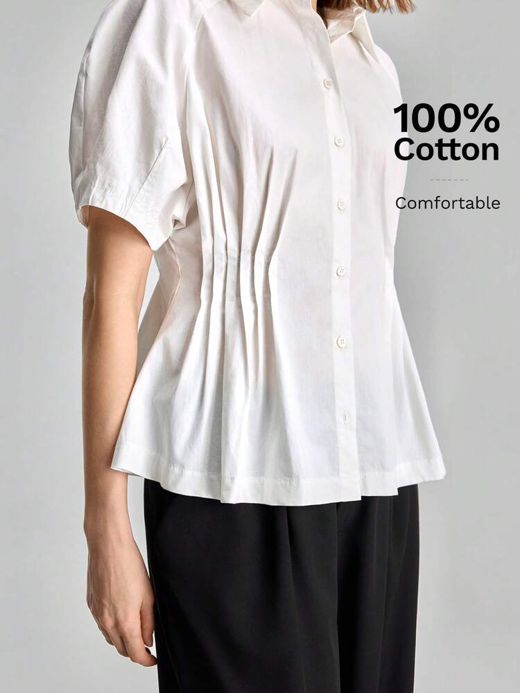 Women's Solid Color Raglan Short Petal Sleeve Single-Breasted Shirt,100% Cotton All White,Summer,Casual,Chic,Office Modern Urban Business Wear Attire