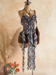 Soleia Women's Vacation Casual Plaid Ruffle Backless Halter Top - Multicolor - View 7