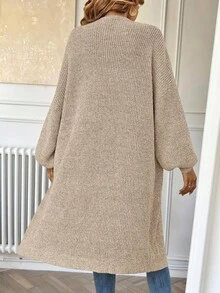SHEIN X Lucía Bellido Easowa Drop Shoulder Ribbed Knit Duster Cardigan,Long Sleeve Tops In Fall/Winter - Beige - View 2
