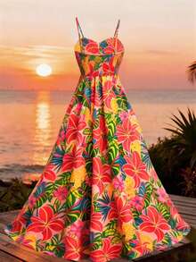 SHEIN Holidaya Đầm hai dây mùa hè cho nữ, đầm hai dây in họa tiết nhiệt đới, đầm hoa nhiều màu sắc phong cách Bohemian, đầm hoa nhiệt đới hở lưng cạp cao tôn dáng. - Nhiều màu - Xem 2