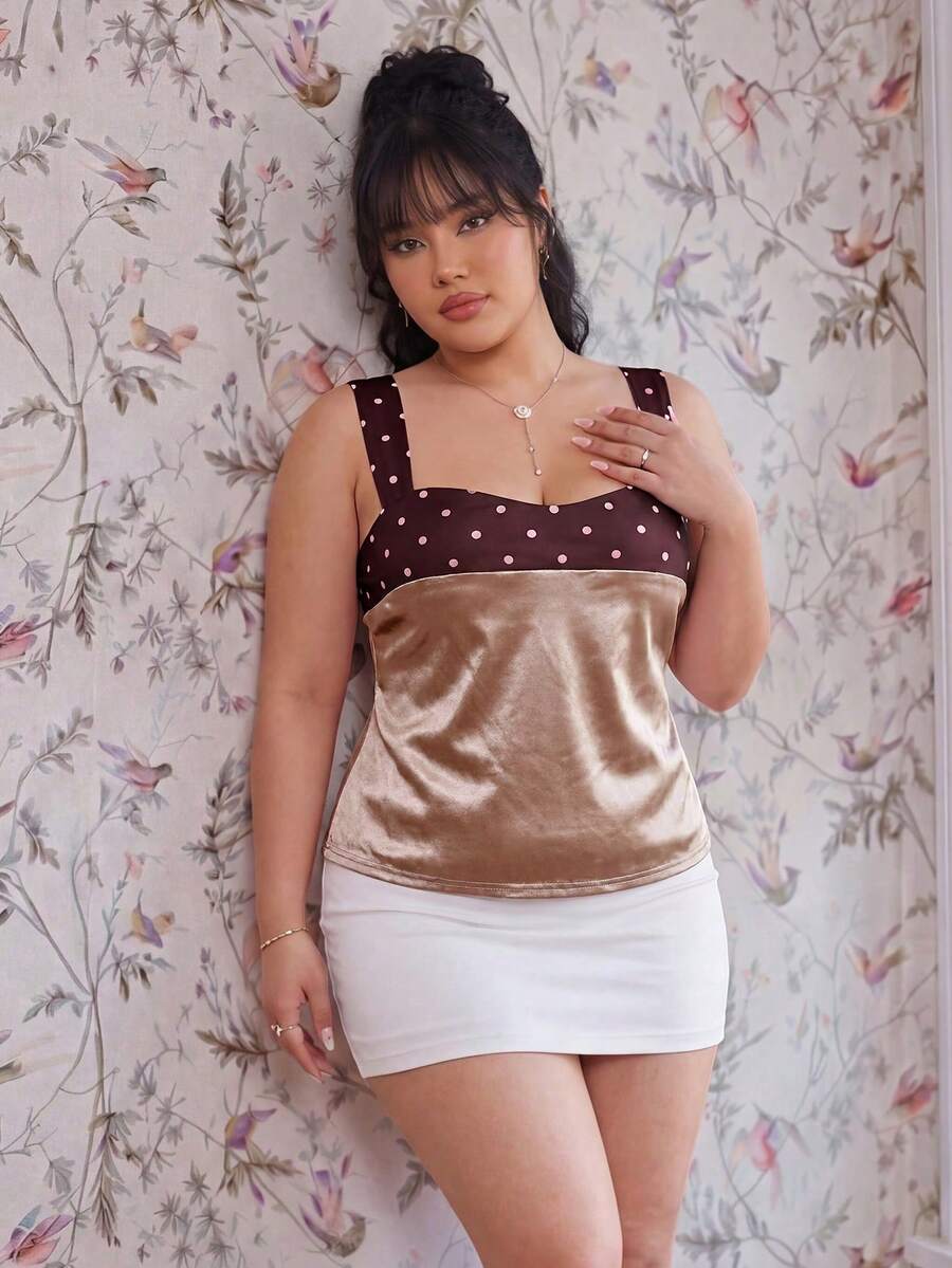 CovetEZ 大尺碼夏季優雅拼接色塊波點印花背心 - 杏色 - 查看 1