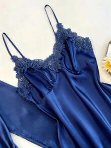 SilkySpell 5pcs Women Embroidered Trim V-Neck Camisole, Shorts, Pants, Nightgown, Robe Satin Pajama Set - Navy Blue - View 3