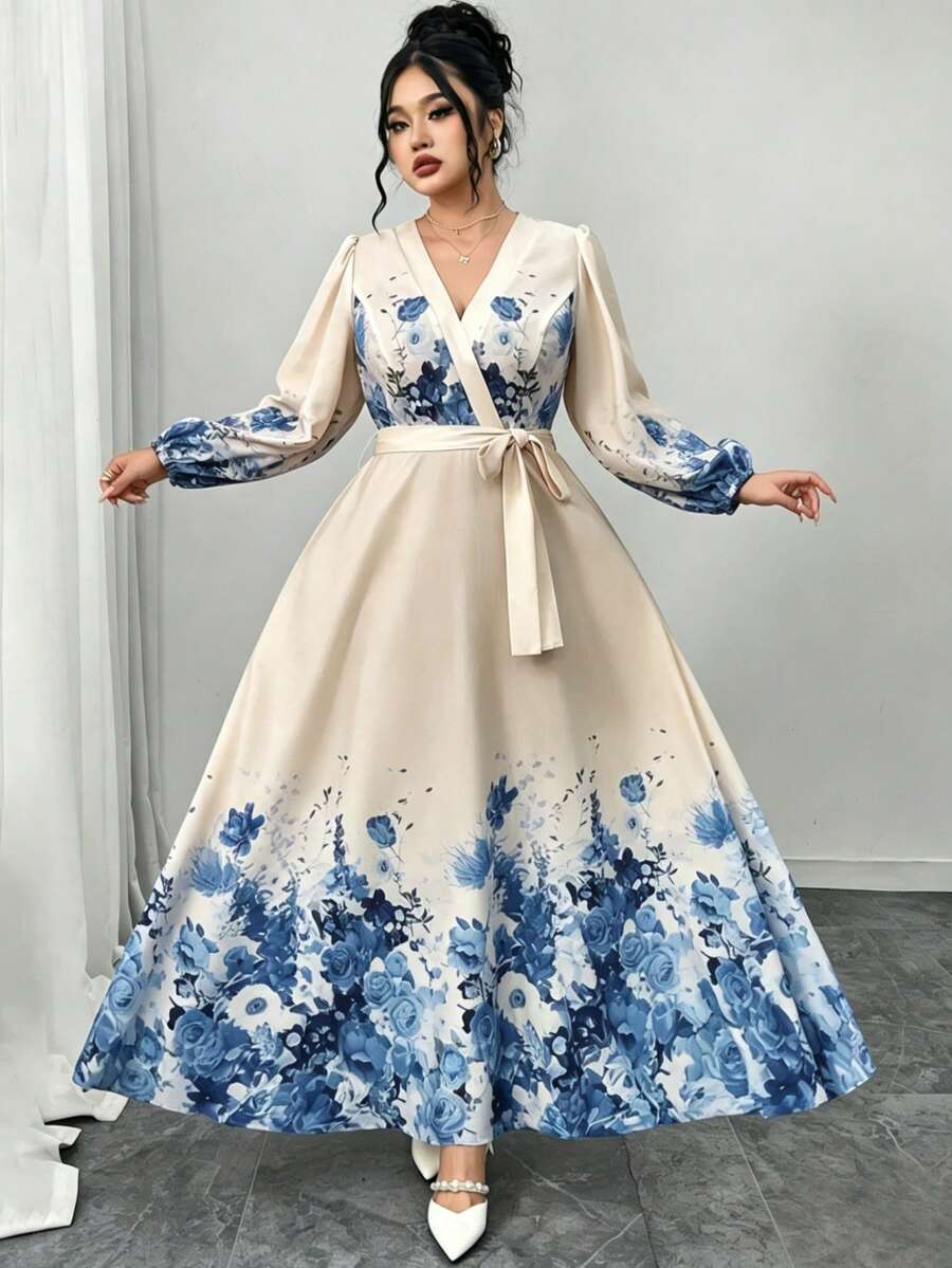Modelyn 大码女式V领碎花长袖连衣裙 - 藍色 - 查看 1