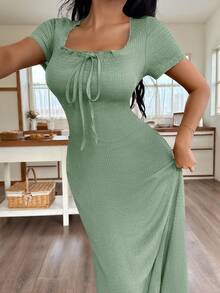 Softscene Women's Casual Solid Color Jacquard Ruched Ruffle Trim Square Neck Maxi Dress Loungewear - Green - View 4