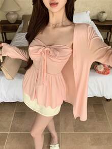 DAZY 2pcs Women Solid Color Tube Top And Jacket Set Vacation Blush Pink Autumn Cute - Pink - View 6