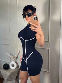 SHEIN SXY 女款拼色修身日常休閒連身褲 - 藏蓝色 - 查看 5