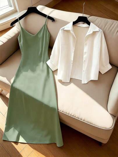 GlowEve Robe camisole de couleur unie et ensemble 2 pièces décontracté avec une veste boutonnée à cordon de serrage pour femmes