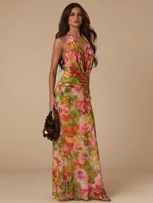 SHEIN BAE Đầm ren đen xuyên thấu cổ xếp nếp xẻ cao, lớp lưới mỏng nhẹ bên ngoài, trang phục nghỉ hè thanh lịch dành cho phụ nữ. - Nhiều màu - Xem 3
