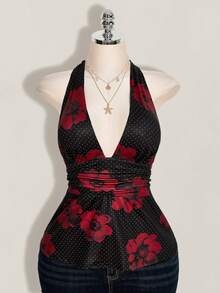 SHEIN ICON 大码女式波点花卉印花深V性感吊带背心 - 黑色 - 查看 3