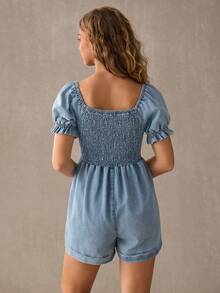 WESTFADE Bộ áo liền quần ngắn tay phồng bằng vải denim dành cho nữ - Rửa trung bình - Xem 2