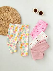 4pcs/Set Newborn Baby Girls' Casual Everyday All-Match Colorful Floral & Striped Print Bottoms, Spring/Summer - Multicolor - View 7
