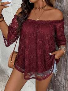 Freevana Elegante Spitzen-Bluse mit transparenten Schultern in Große Größen, Sommer, Off-Shoulder - Bordeaux - Übersicht 2