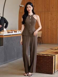 DAZY Bộ 2 món gồm áo hai dây và quần ống đứng kiểu dáng thành thị dành cho nữ, thích hợp mặc đi làm vào mùa xuân và mùa hè. - màu nâu - Xem 4