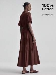 Ontre Women's Solid Color Ruffle Hem Casual Dress - Brown - View 3