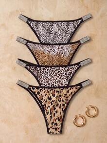 HautHeat 4 Pairs Women Solid Color Patchwork Simple Casual Panties ClassicAnimalPrint - Multicolor - View 2