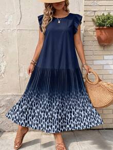 EMERY ROSE Plus Size Women's Summer Beach Vacation Ombre Leopard Print Backless Ruffle Armhole Pleated Hem Dress - Blue - View 3