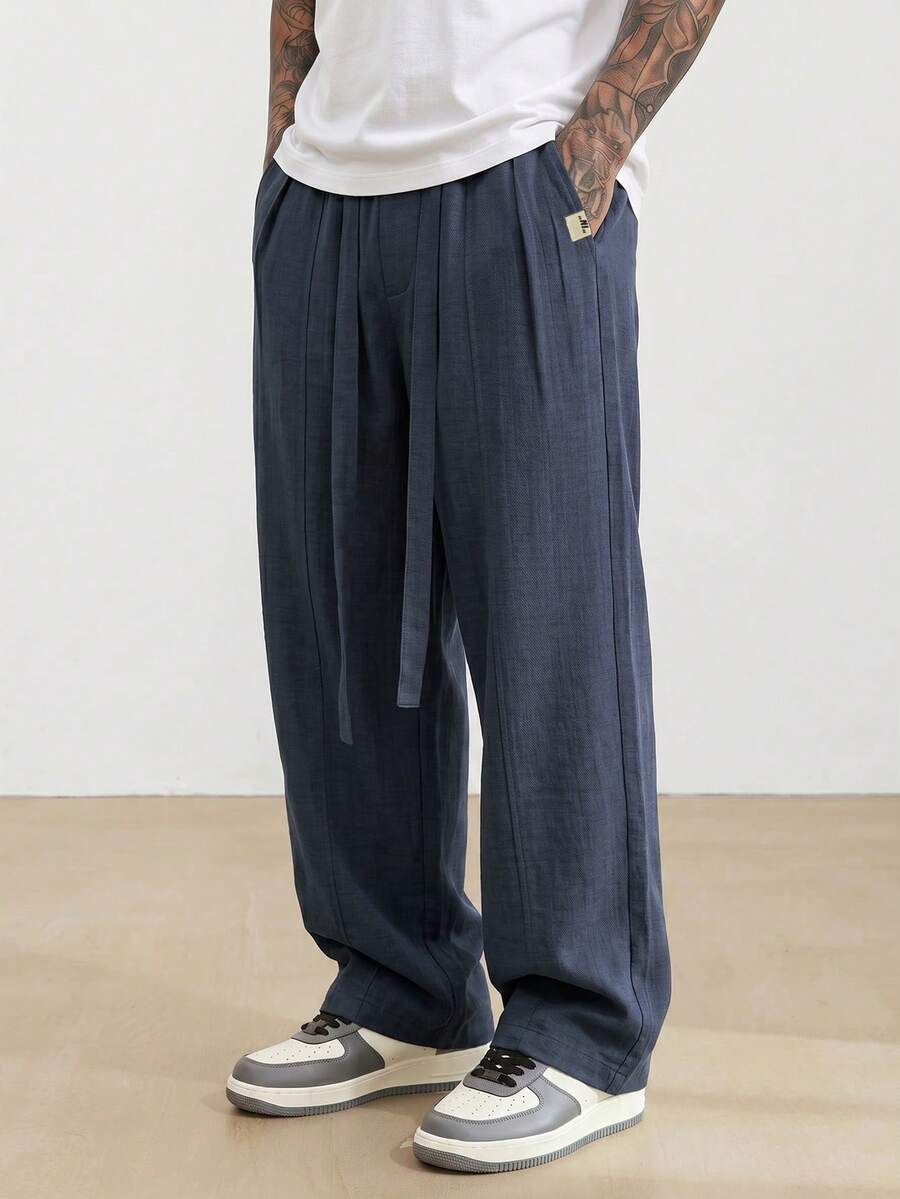 Manfinity Hypemode Men's Faux Linen Long Pants, Single-Color Pleated Design, Mid-Rise Waistline, Straight-Leg Trousers, Casual Style, Internal Pockets. Suitable For Everyday Office Wear. - Blue - View 1