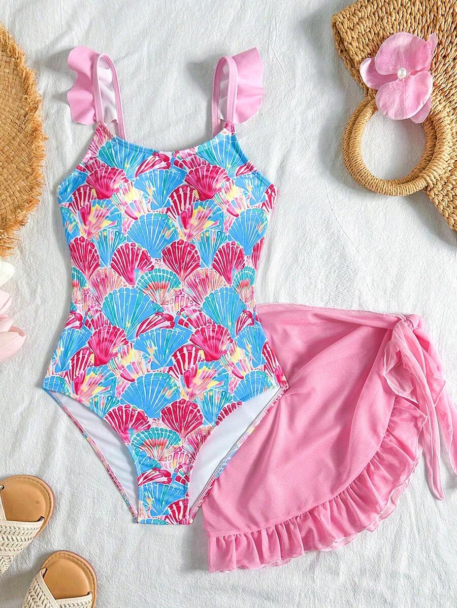 SHEIN Tween Girl Summer Beach Vacation Shell Print One-Piece Swimwear With Skirt, Swimwear Set - Pink - View 1