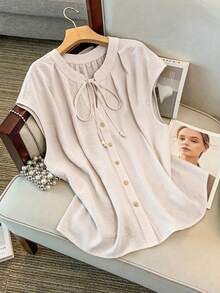 GlowEve CURVE Camiseta sin mangas de mujer talla grande, elegante, de unicolor, con cuello redondo, contraste de color y cordón ajustable - Albaricoque - Ver 5