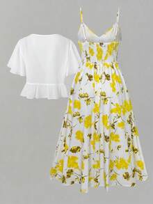 GlowEve CURVE Brown Short Sleeve Top + Floral Print Ruffle Trim Vest, Plus Size 2pcs Set Gym Summer - Yellow - View 2