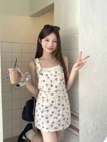 DAZY 春夏印花白色休闲户外音乐节情人节牛仔吊带连衣裙女式太阳裙女式度假装 - 白色 - 查看 2