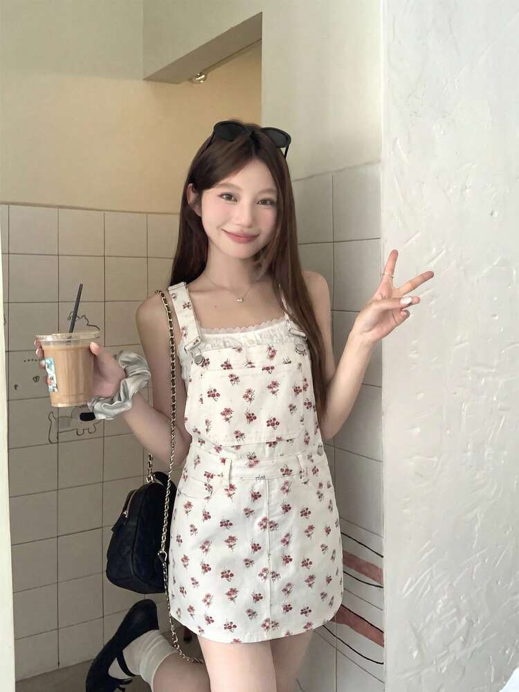 Spring & Summer Floral Print White Casual Outdoor Music Festival Valentine's Day Denim Strap Dress For Women Sun Dresses For Women
