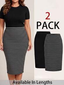 SHEIN PETITE CURVE Bộ váy áo nữ cỡ lớn kẻ sọc và màu trơn, váy bút chì, váy mùa hè, váy maxi, váy công sở, váy đi học, váy giáo viên, váy văn phòng, váy hè đi học, váy đi sân bay, phong cách quý tộc cổ điển, phong cách boho mùa thu những năm 2000, bộ hai mảnh váy kẻ sọc, bộ váy hai mảnh, váy nữ, váy đen, váy nữ. - Đen và trắng - Xem 5