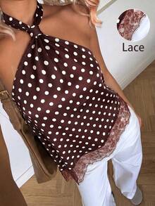 SHEIN PariChic Elegantes Damen Spitzen-Patchwork Top mit Punkt Muster und rückenfrei Träger, Sommer - Mokka-Braun - Übersicht 4
