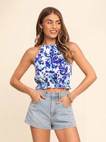 Coeurva Top halter con estampado integral para mujer, de verano, playa, vacaciones y fiesta, estilo boho elegante, top corto casual, para invitada de boda y cumpleaños - Azul y blanco - Ver 12
