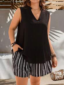 EMERY ROSE Plus Size Women's 2pc Set,Summer Black And White Boho Vacation Outfits,Solid Notch Neck Sleeveless Blouse Top & Striped Print Shorts With Pockets - Black and White - View 4
