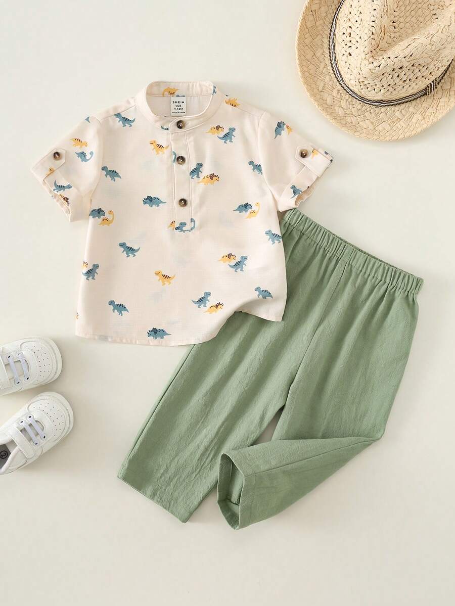 SHEIN Bộ 2 món áo sơ mi cổ đứng và quần dài màu xanh lá cây cho bé trai, thích hợp mặc đi nghỉ mát mùa hè. - Nhiều màu - Xem 1