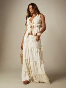 MISSGUIDED Paisley Textured Tiered Ruffle High Rise Full Circle Maxi Skirt Tie Details Flowing Silhouette Boho Summer Picnic Vacation White - Apricot - View 3